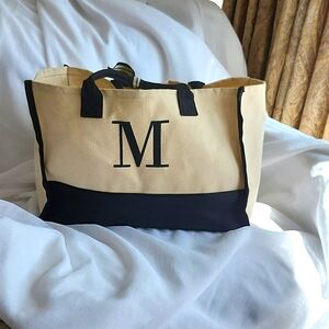 Mudpie Black & Tan CottonCanvas Oversized Tote Bag M Initial; My bridesmaid fail